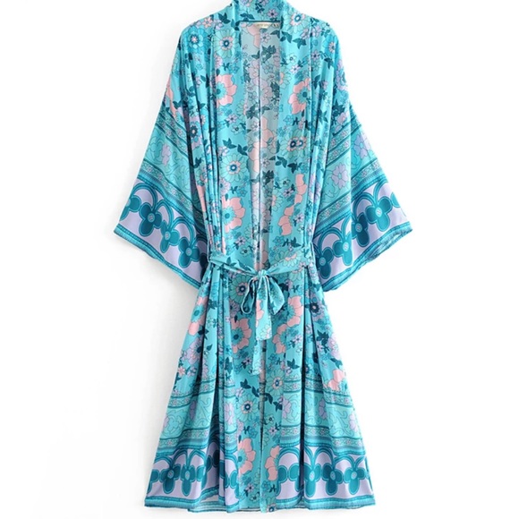 Blue Boho Kimono Floral Gypsy Print Maxi CoverUp - Picture 7 of 11